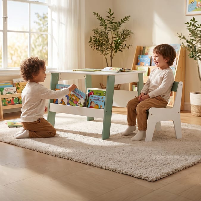 Liberty House Toys Kids Bookshelf Table And Chair - White & Forest Green