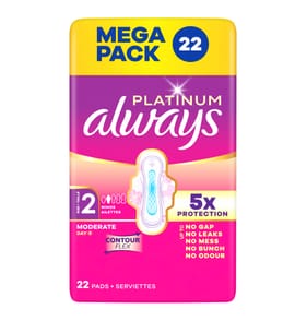 Always Platinum Sanitary Towels Moderate Flow Wings 22 Pads