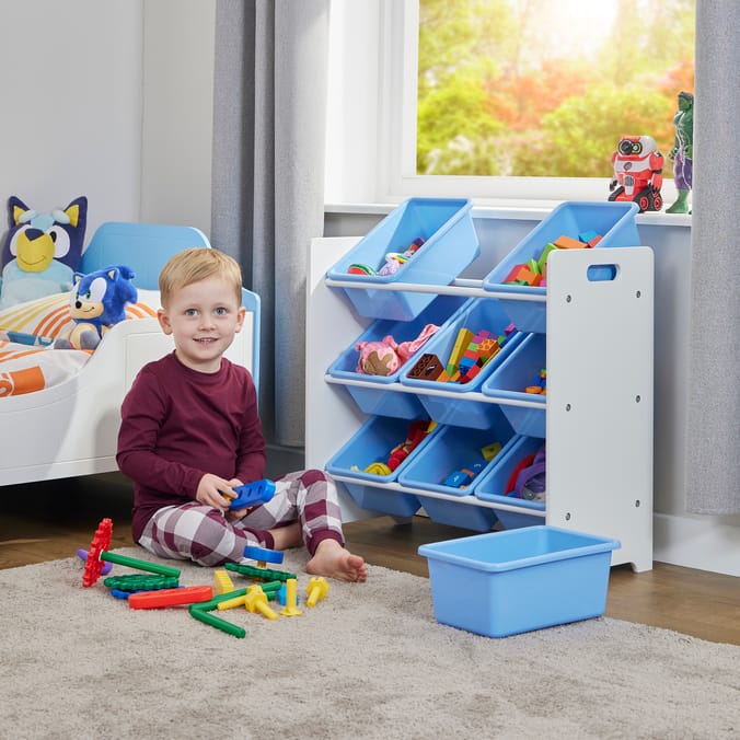 Liberty House Toys Two Tone Toddler Bed and 9 Bin Storage Unit Set - White & Blue