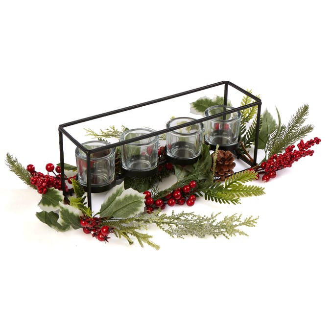 Winter Charm Set Of 4 Glass Tealight Holder - Red Berry