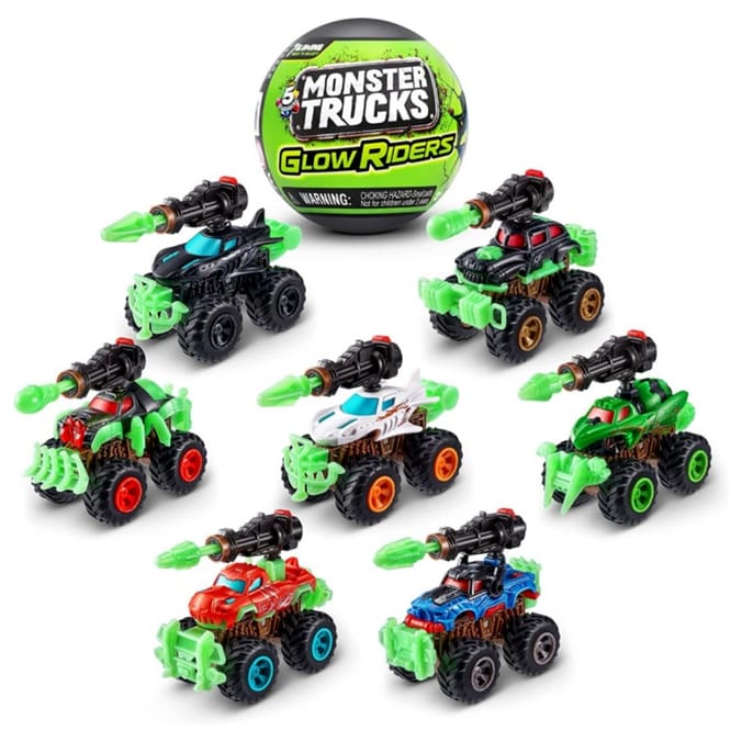 Unbox, build, battle, and race with 5 Surprise Monster Trucks Glow Riders Mystery Capsules.