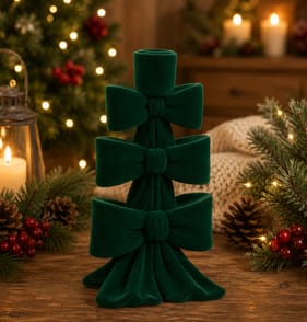 Festive Feeling Alpine Woods Flocked Bow Christmas Candle Holder - Green