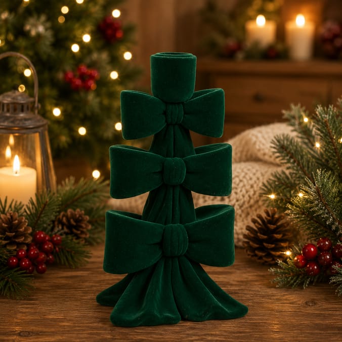 Festive Feeling Alpine Woods Flocked Bow Christmas Candle Holder