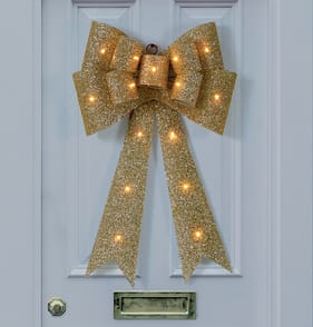 Festive Feeling Battery Operated Light-Up Christmas Bow - Gold