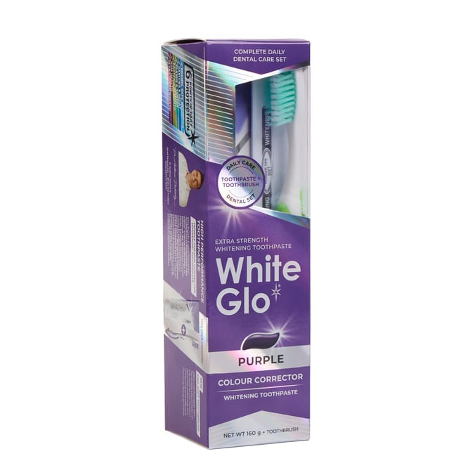 White Glo Daily Care Dental Set Purple Colour Corrector Toothbrush + Toothpaste 160g