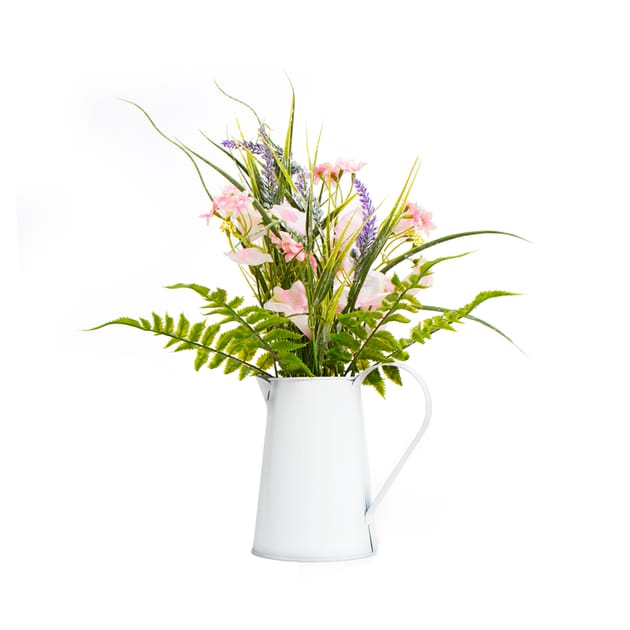 Home Collections Mixed Flowers In White Watering Can Home Bargains