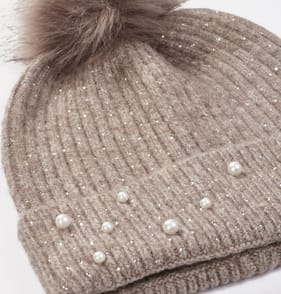 A La Mode Beaded Pom Hat - Beige