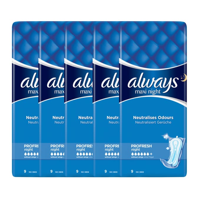 Always Maxi Profresh Night Sanitary Towels 9s x5