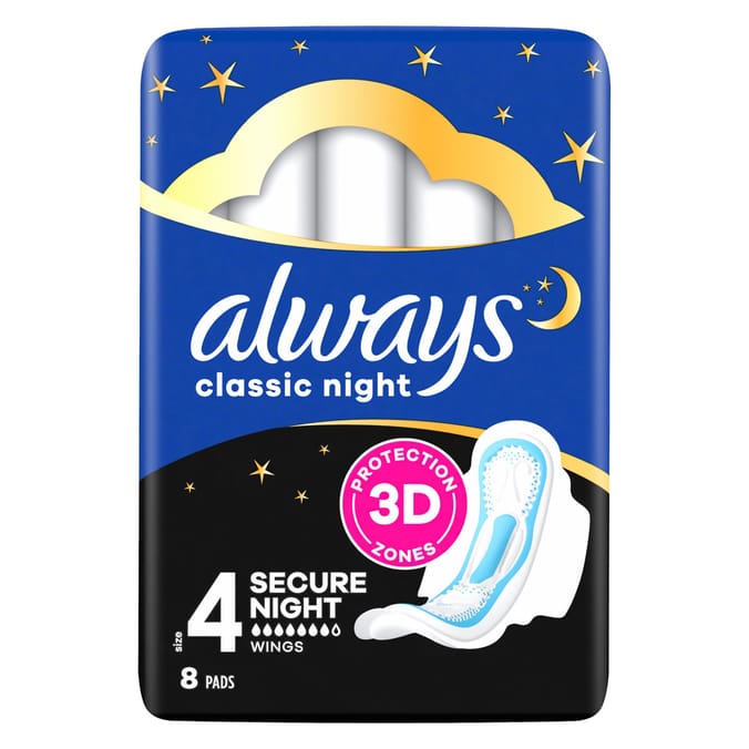 Always Classic Night Sanitary Towels With Wings 8s Size 4