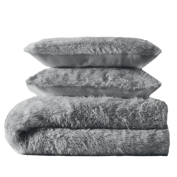 The Winter Warmer Collection Faux Lion Fur Double Duvet Set - Grey
