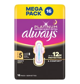Always Platinum Sanitary Towels Heavy Flow Night Wings 16 Pads Size 5