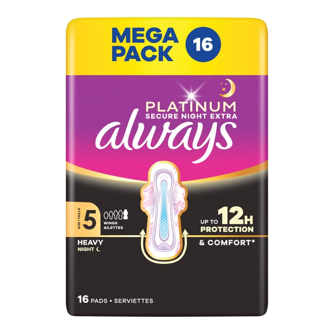 Always Platinum Sanitary Towels Heavy Flow Night Wings 16 Pads Size 5