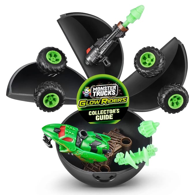 Unbox, build, battle, and race with 5 Surprise Monster Trucks Glow Riders Mystery Capsules.