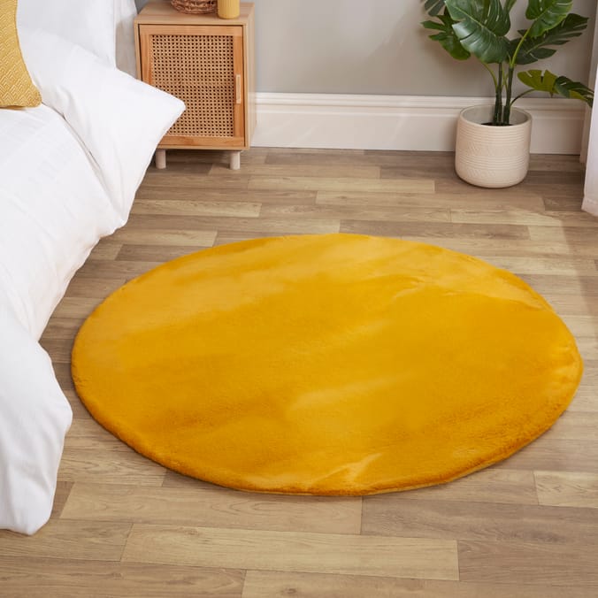 Luxe Plain Faux Fur Rug Ochre Home Bargains