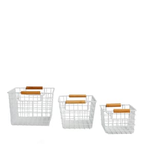 Bathroom Bamboo Handle Basket 3 Pack - White