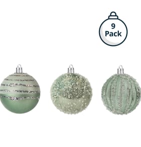 Frosted Spirit 8cm Hand Decorated Christmas Baubles 9 Pack - Green