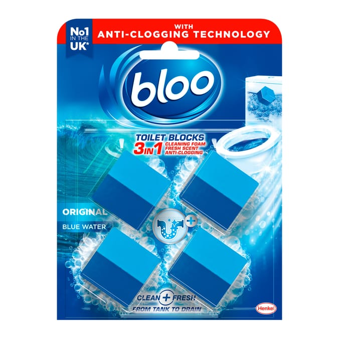 Bloo 3in1 Anti-Clogging Toilet Block 4 x 50g -  Original Blue