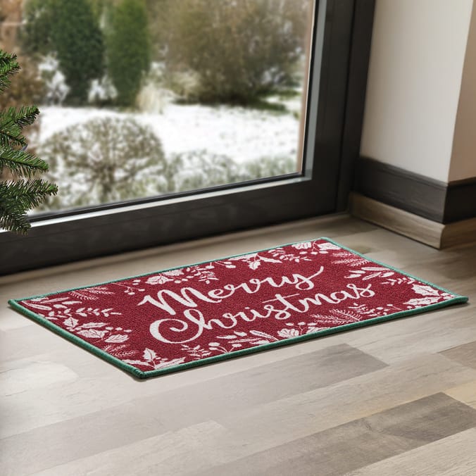 Festive Feeling Washable Door Mat - Red Merry Christmas