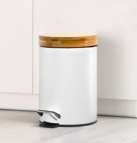 Bathroom Bamboo Top Pedal Bin 3l - White