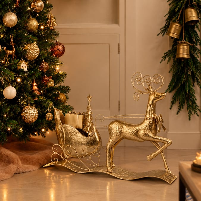 Winter Luxe Metal Reindeer With Sleigh 
