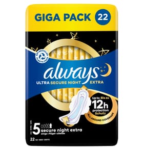 Always Ultra Sanitary Towels Secure Night Extra Wings 22s Size 5