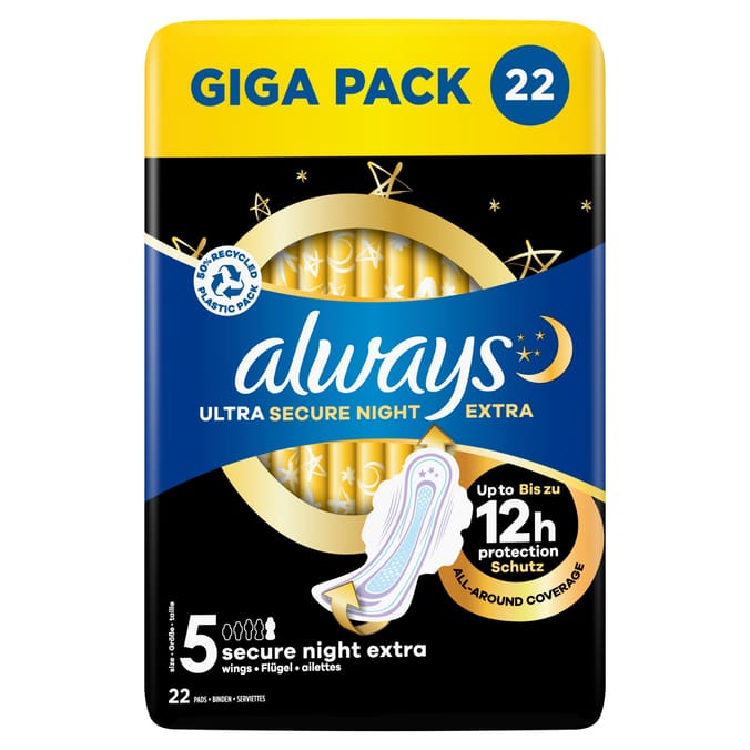 Always Ultra Sanitary Towels Secure Night Extra Wings 22s Size 5