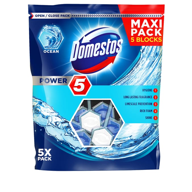 Domestos Power 5 Ocean Toilet Rim Block 5 Pack