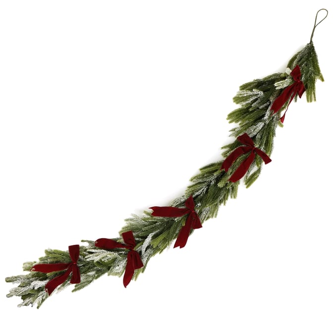 Festive Feeling 6ft Snowy Pine Red Bow Christmas Garland