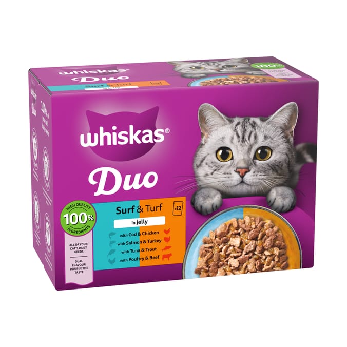 Whiskas Adult 1+ Duo Surf and Turf in Jelly Wet Cat Food Pouches 12 x 85g