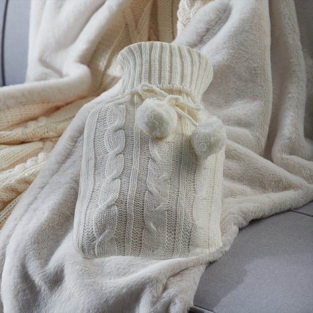 Warm At Heart Knitted PomPom Hot Water Bottle Home Bargains