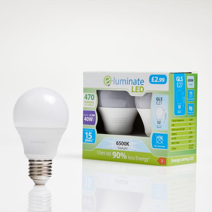 E-Luminate LED GLS E27 Daylight Light Bulb 2 Pack - 470 Lumens