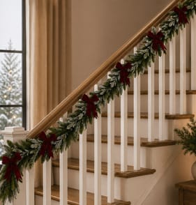Festive Feeling 6ft Snowy Pine Red Bow Christmas Garland