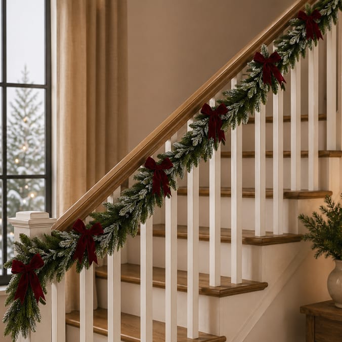 Festive Feeling 6ft Snowy Pine Red Bow Christmas Garland