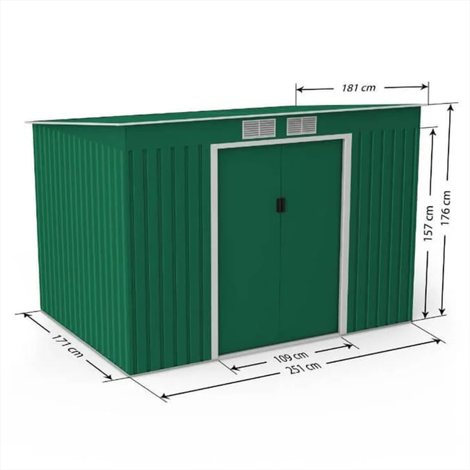 StoreMore Lotus Hestia Pent Metal Shed Including Foundation Kit 9x6ft - Dark Green