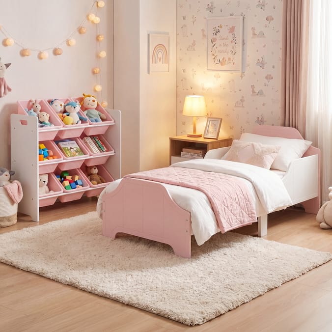 Liberty House Toys Two Tone Toddler Bed and 9 Bin Storage Unit Set - White & Pink