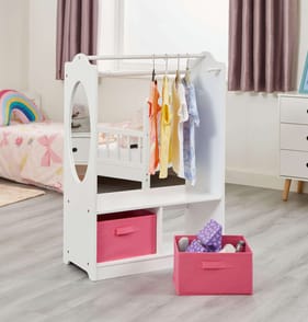 Liberty House Toys White Wooden Dress Up Unit with Two Pink Storage Boxes