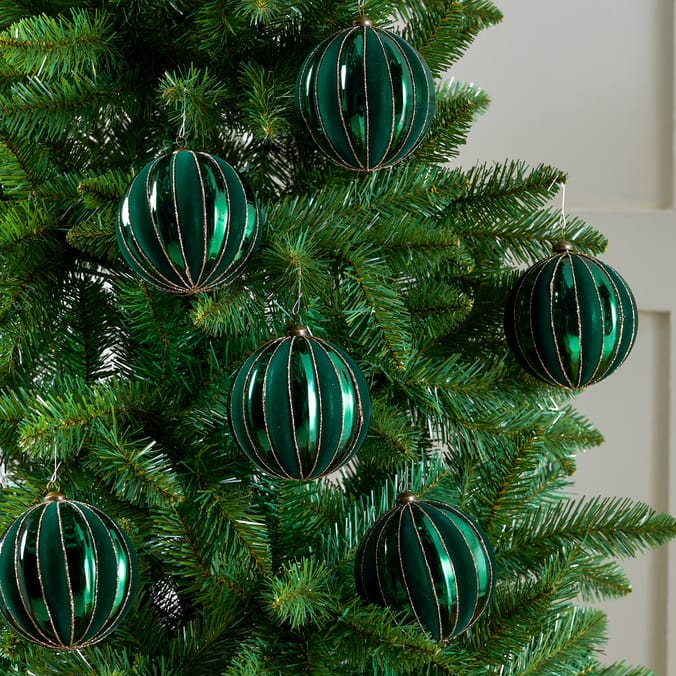 Festive Feeling Alpine Woods Flocked Stripe Christmas Bauble 6 Pack