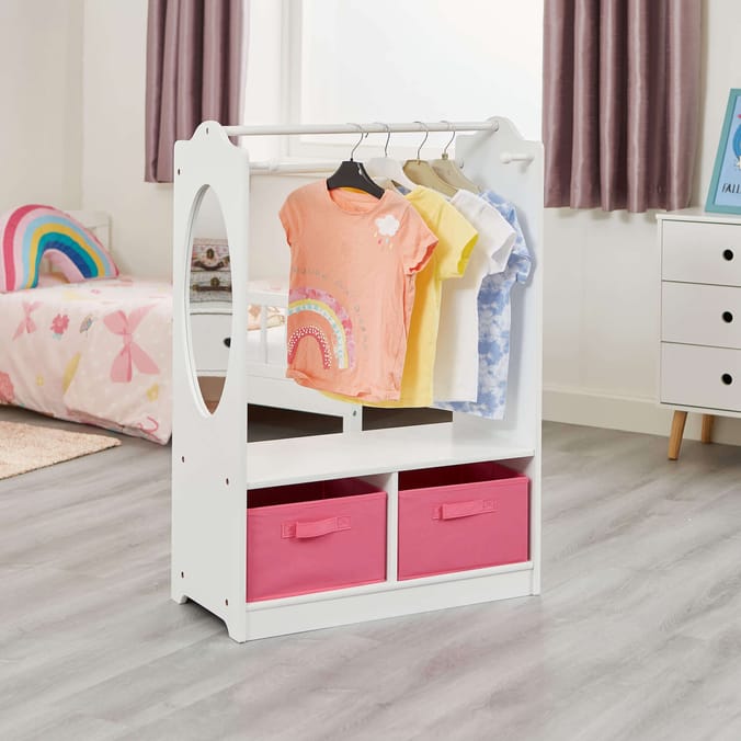 Liberty House Toys White Wooden Dress Up Unit with Two Pink Storage Boxes