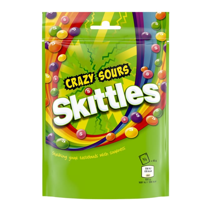 Skittles Crazy Sour Sweets Fruit Flavoured Pouch Bag 136g