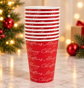 Festive Feeling Paper Cups 10 Pack - Red Merry Christmas