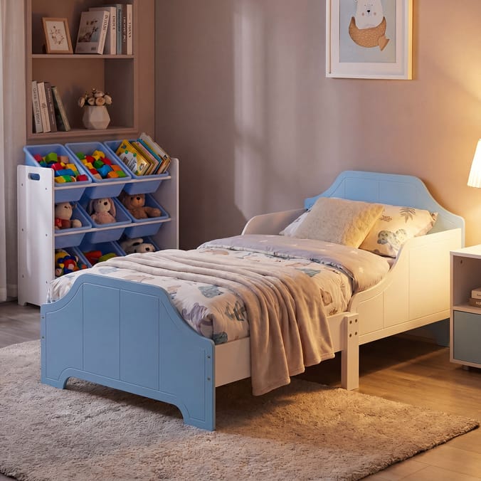 Liberty House Toys Two Tone Toddler Bed and 9 Bin Storage Unit Set - White & Blue