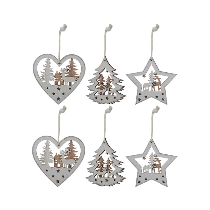 Festive Feeling Wooden Tree Decoration 6 Pack