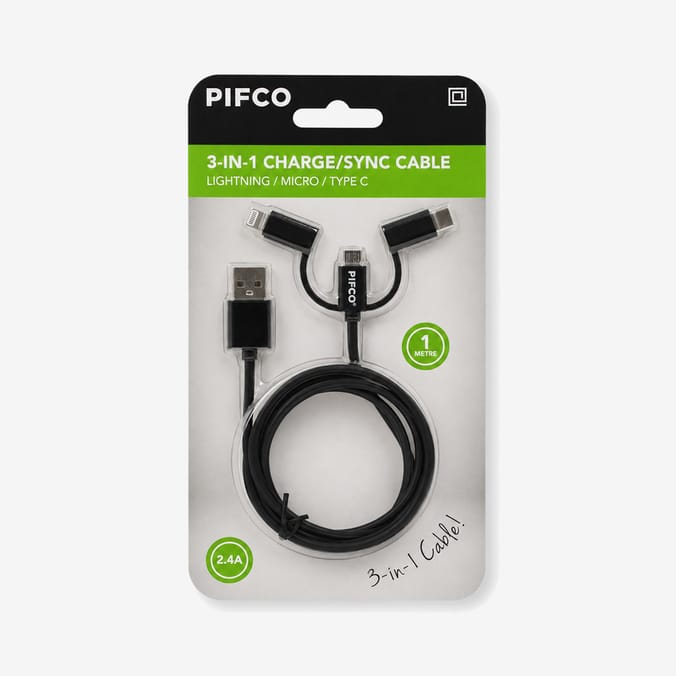 Pifco 1M 3-In-1 Lightning/Micro/Type-C Cable