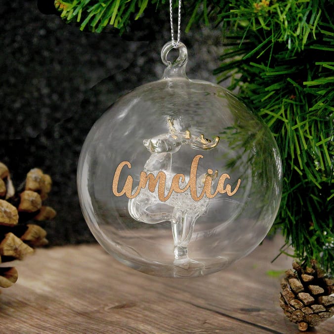 Gold Glitter Name Only Reindeer Glass Bauble