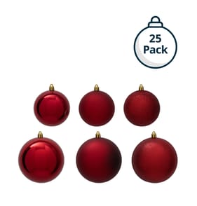Festive Feeling Mixed Size Christmas Baubles 25 Pack - Red