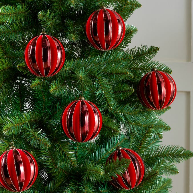 Festive Feeling Alpine Woods Flocked Stripe Christmas Bauble 6 Pack