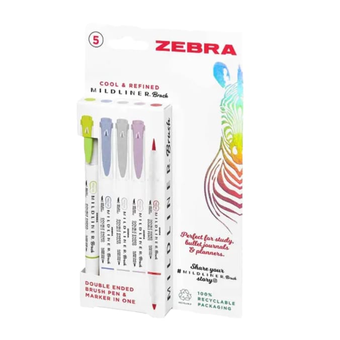 Zebra Cool and Refined Mildliner Double Ended Brush Pen and Fine Marker Pack of 5
