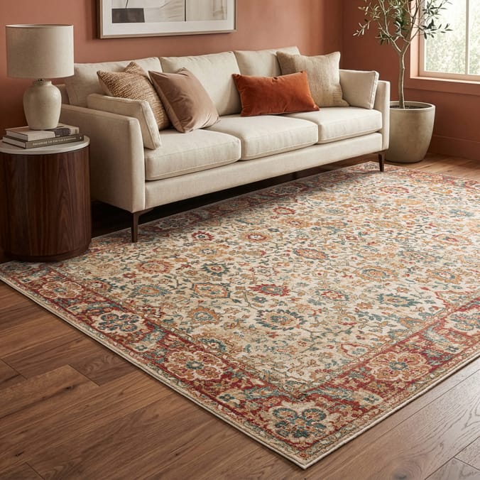 Asiatic Raja Border Runner RA04 - Cream/Red