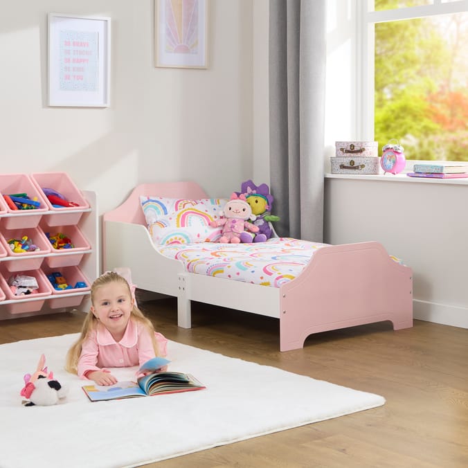 Liberty House Toys Two Tone Toddler Bed and 9 Bin Storage Unit Set - White & Pink