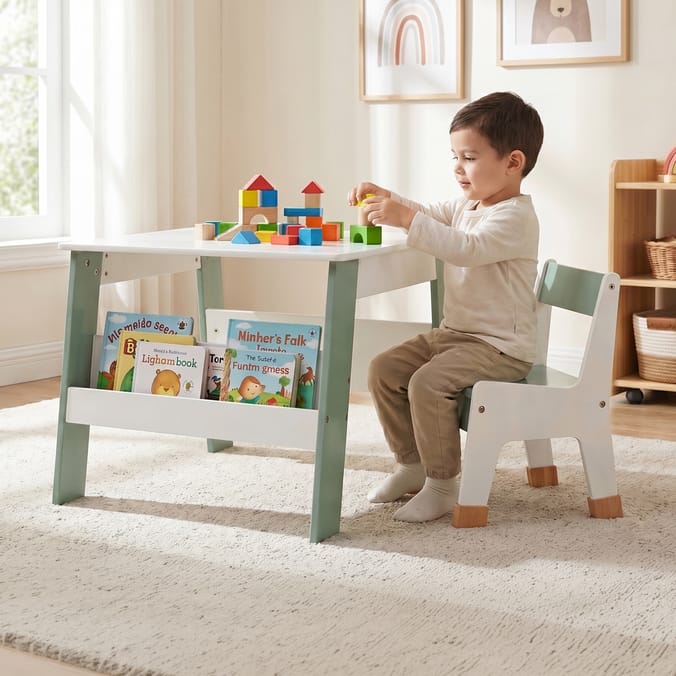 Liberty House Toys Kids Bookshelf Table And Chair - White & Forest Green